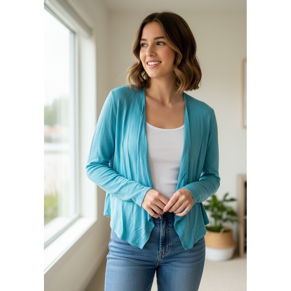 J. Jill Cardigan Sweater Womens XS Petite Aqua Cotton Tight Knit Open Front Cozy